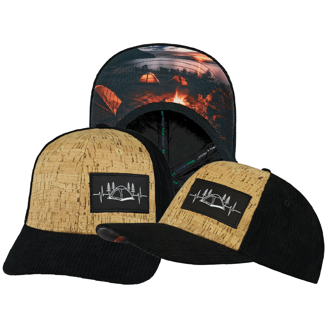 The Heartbeat Brand Camping Baseball Hat — Cork Corduroy / Black — main product shot