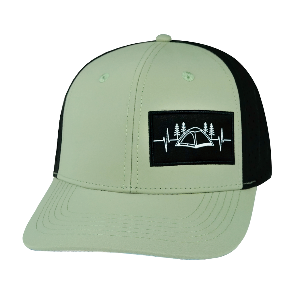 The Heartbeat Brand Camping Hat - Baseball Hat Fit - Sage / Black - Laser Mesh — back view