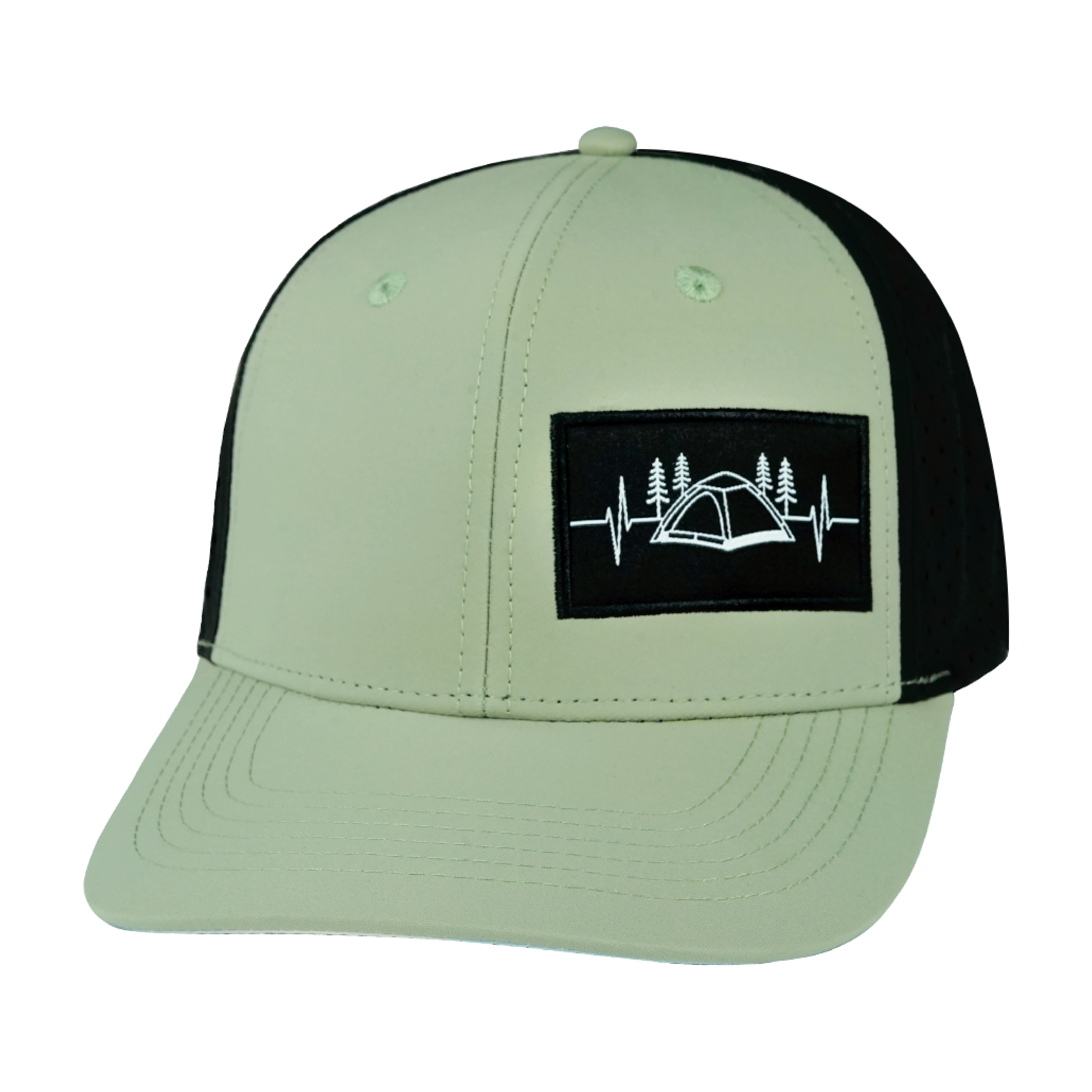 The Heartbeat Brand Camping Hat - Baseball Hat Fit - Sage / Black - Laser Mesh — back view