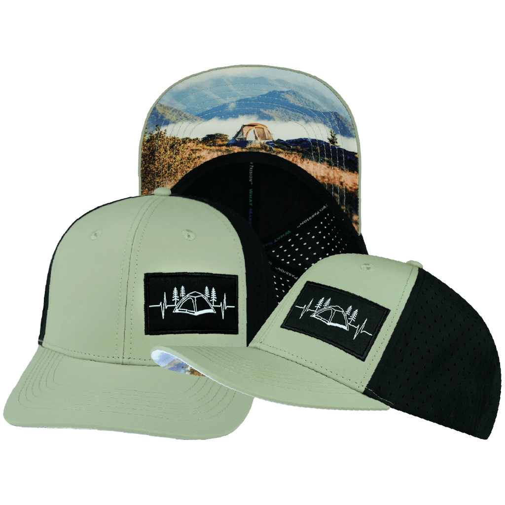 The Heartbeat Brand Camping Hat - Baseball Hat Fit - Sage / Black - Laser Mesh — main product shot