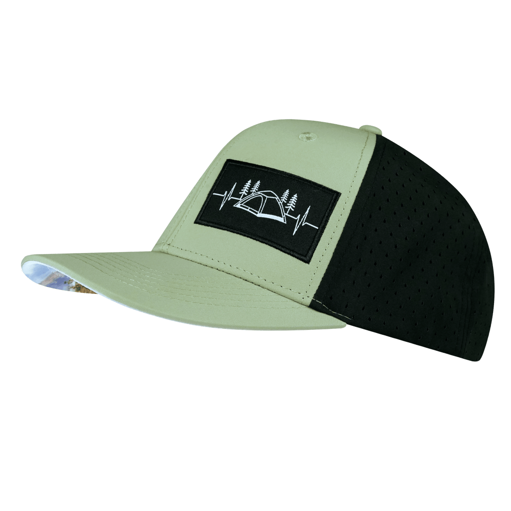 The Heartbeat Brand Camping Hat - Baseball Hat Fit - Sage / Black - Laser Mesh — side view