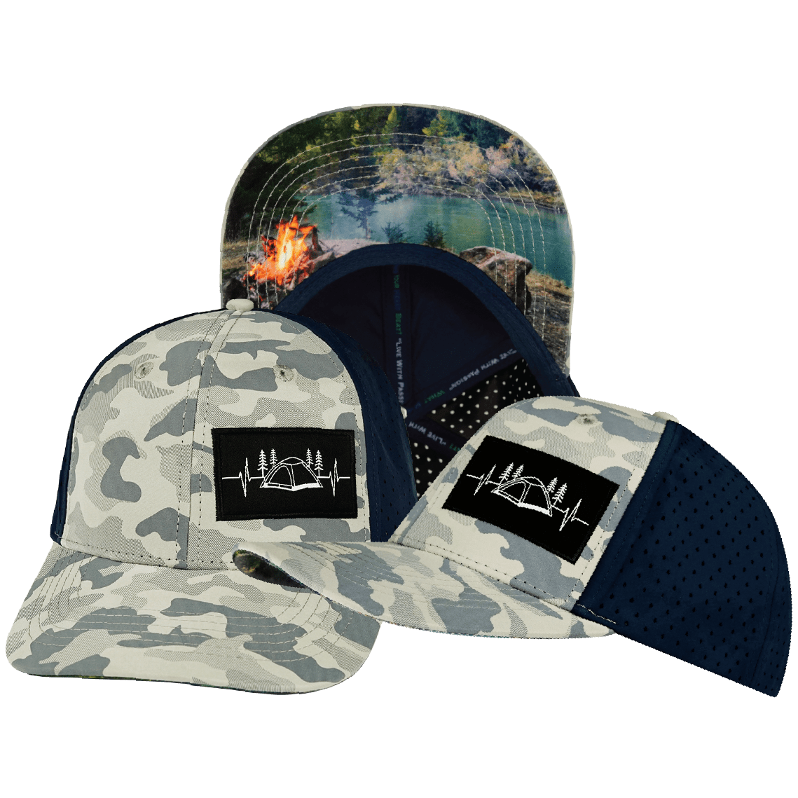 The Heartbeat Brand Camping Baseball Hat — Soft Gray Camo / Navy — main product shot