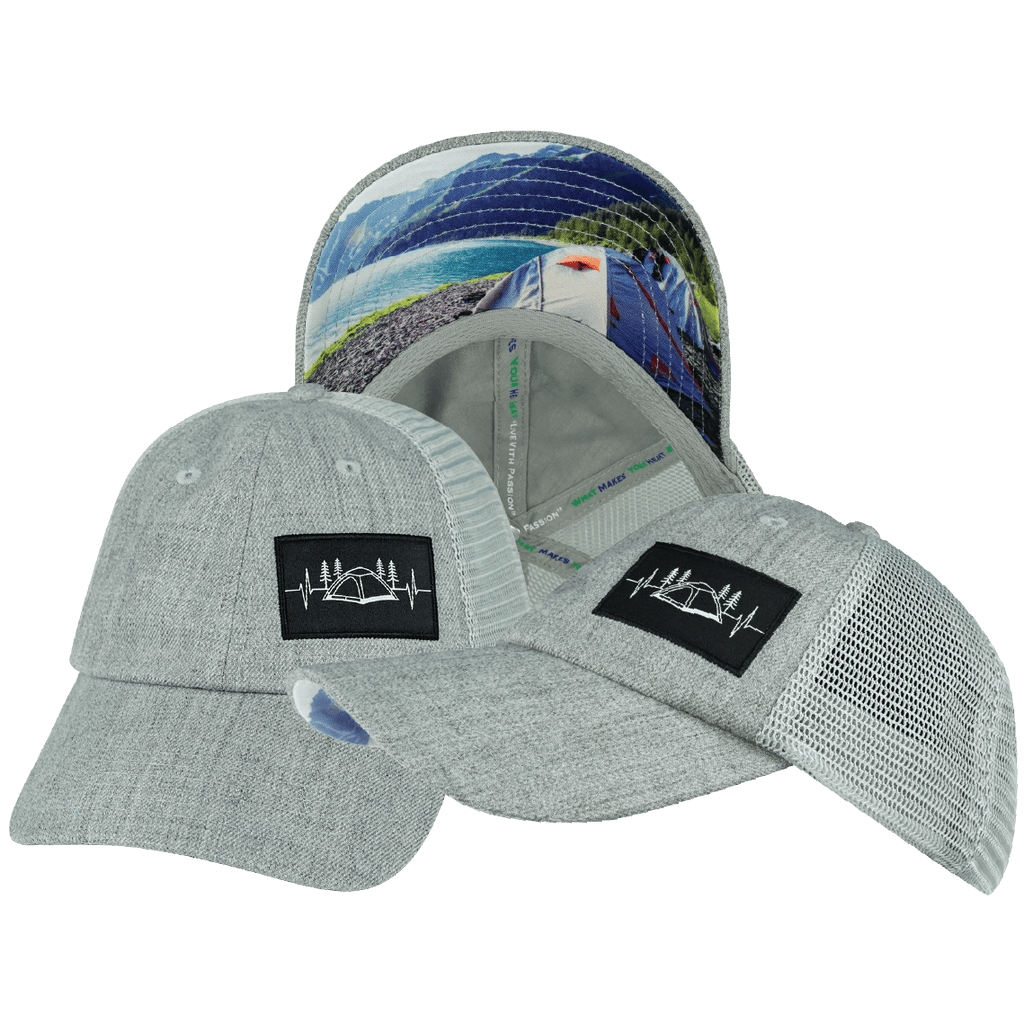 The Heartbeat Brand Camping Hat - Low Profile - Dad Hat - Heather Gray / Gray - Soft Trucker Mesh — main product shot