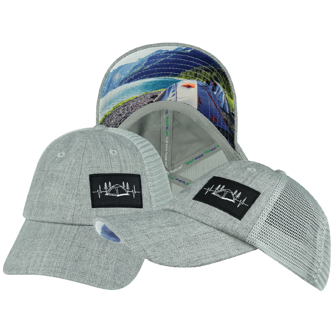 The Heartbeat Brand Camping Hat - Low Profile - Dad Hat - Heather Gray / Gray - Soft Trucker Mesh — main product shot