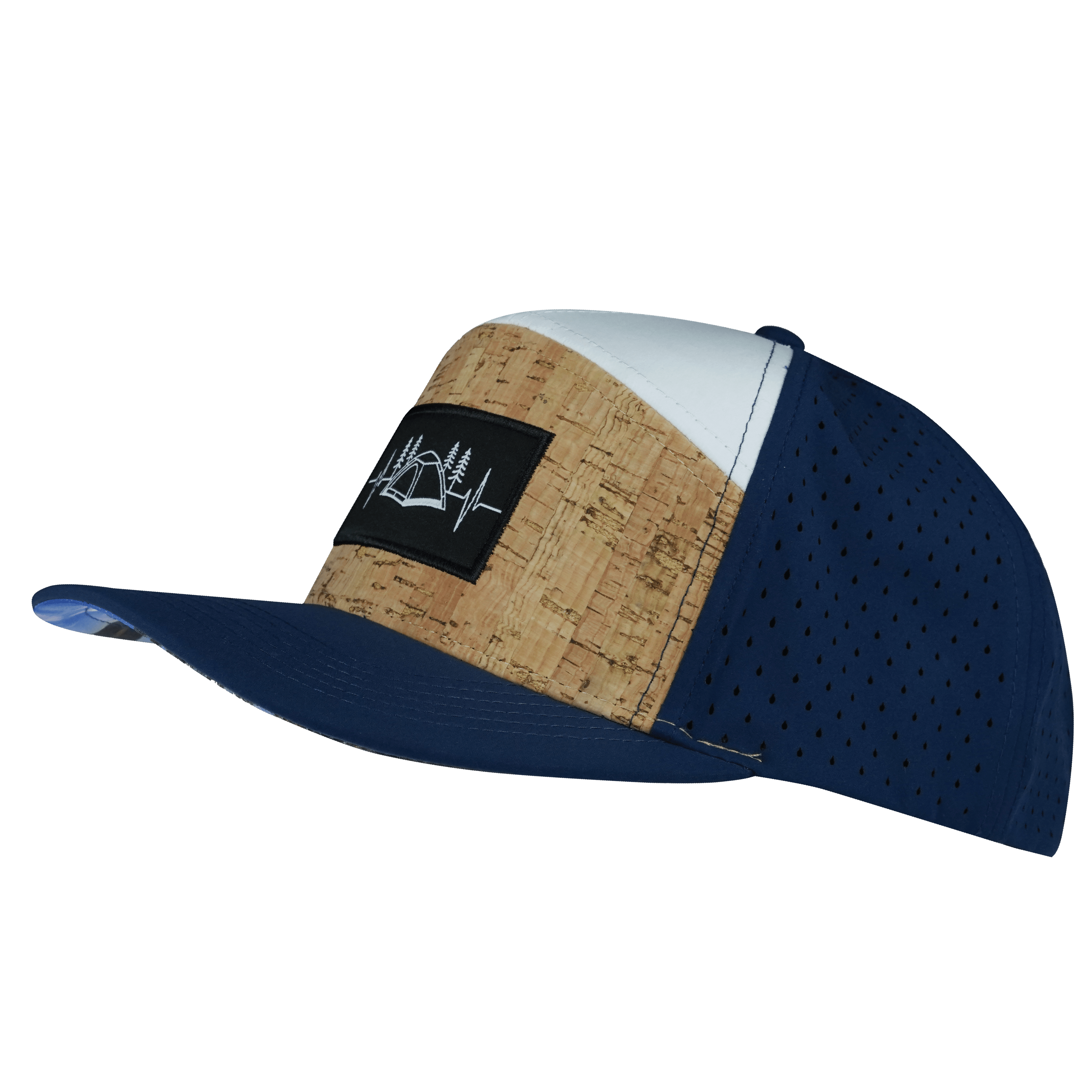Camping Hat - Flat Bill - Cork - Navy / White - Laser Mesh
