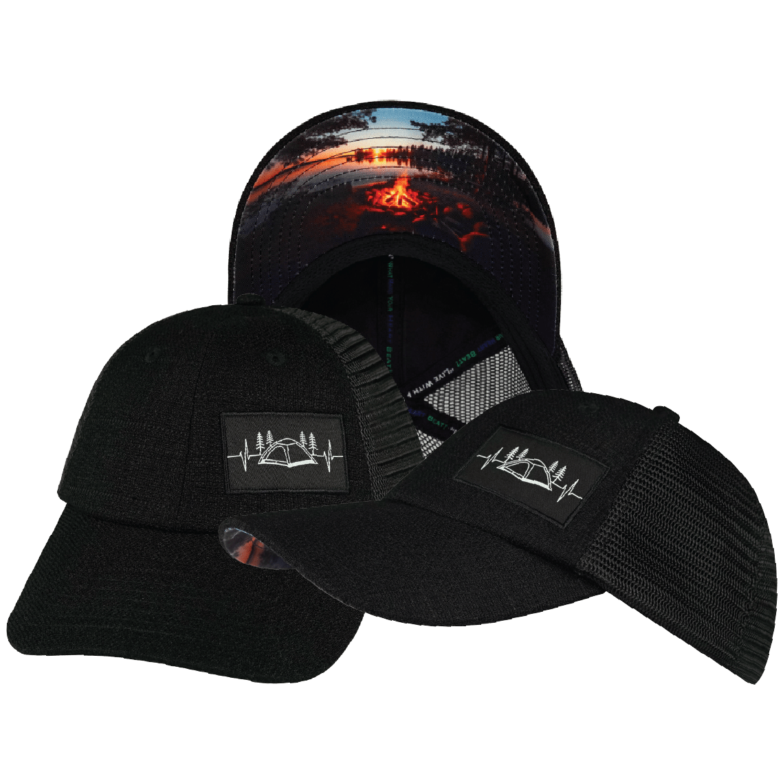 The Heartbeat Brand Camping Low Profile Hat — Dad Hat / Black Hemp / Black / Soft Trucker Mesh — main product shot