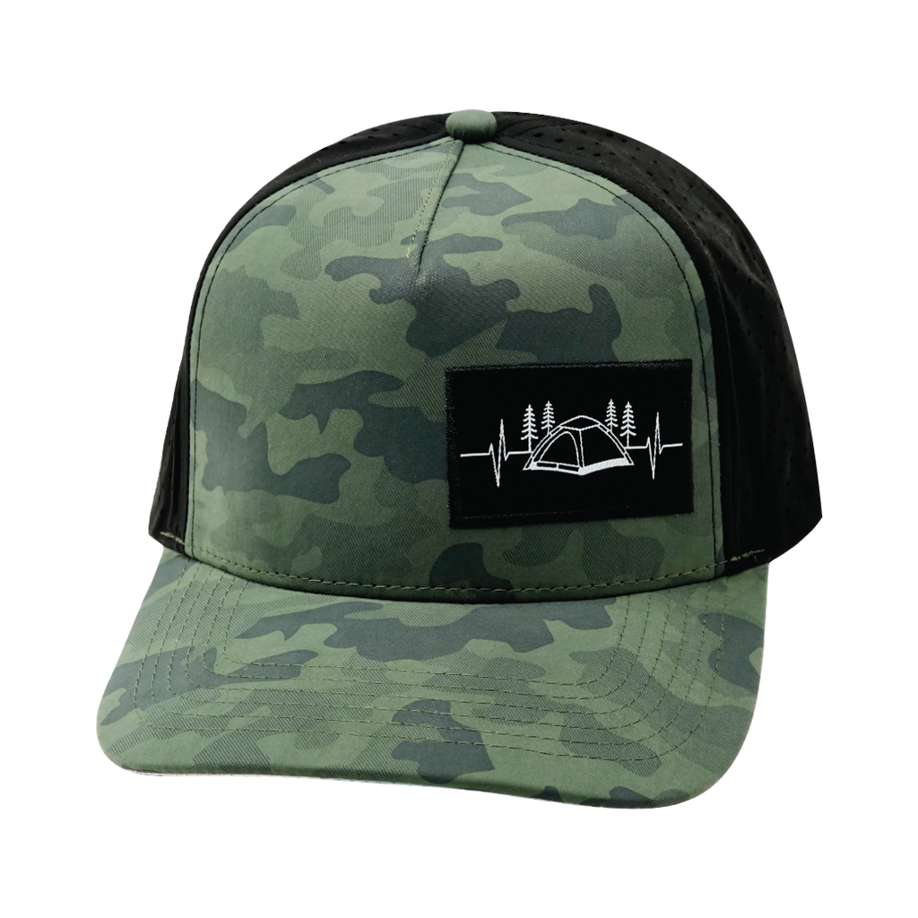 The Heartbeat Brand Camping Hat - Trucker Hat - Soft Teal Camo / Black - Laser Mesh — side view