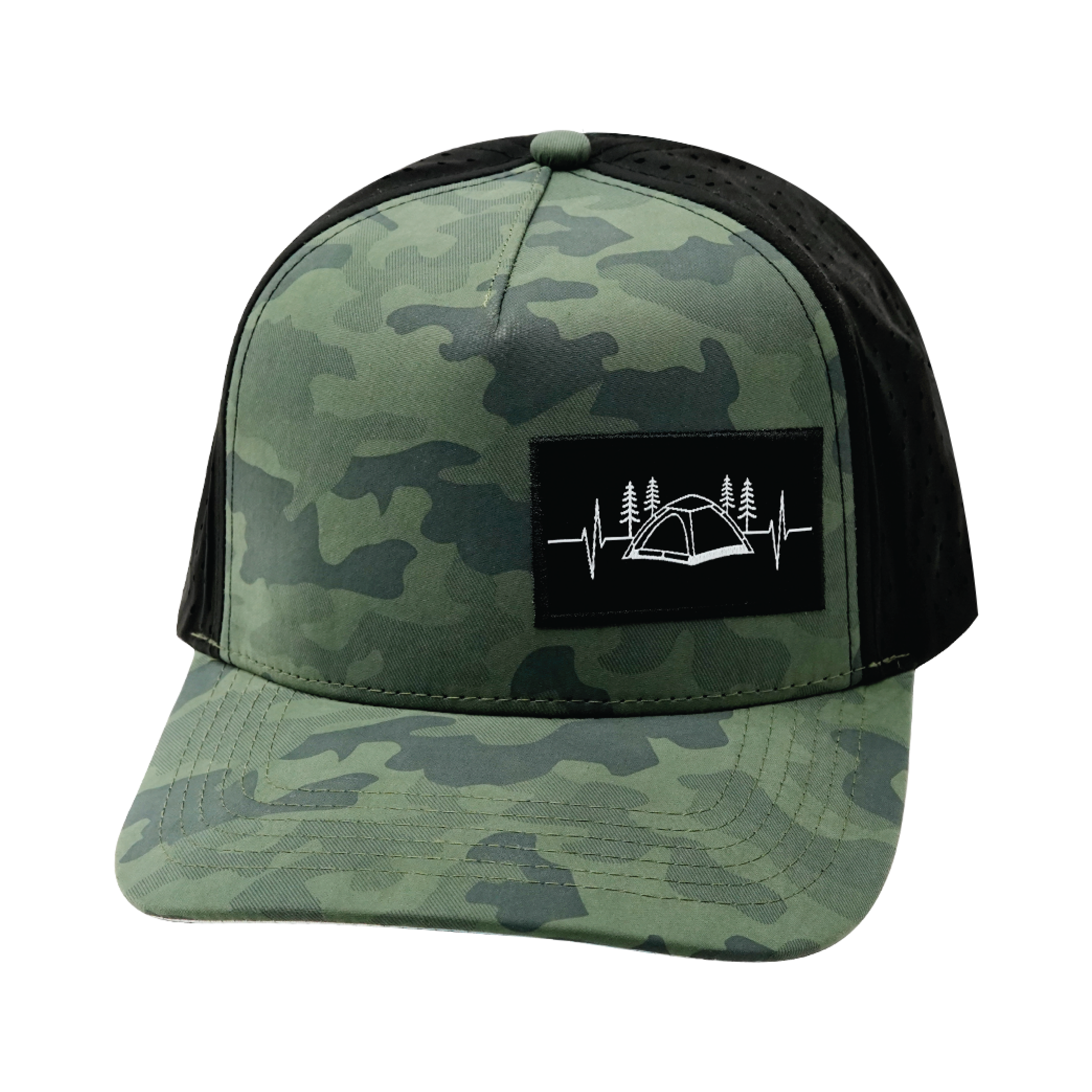 The Heartbeat Brand Camping Hat - Trucker Hat - Soft Teal Camo / Black - Laser Mesh — side view