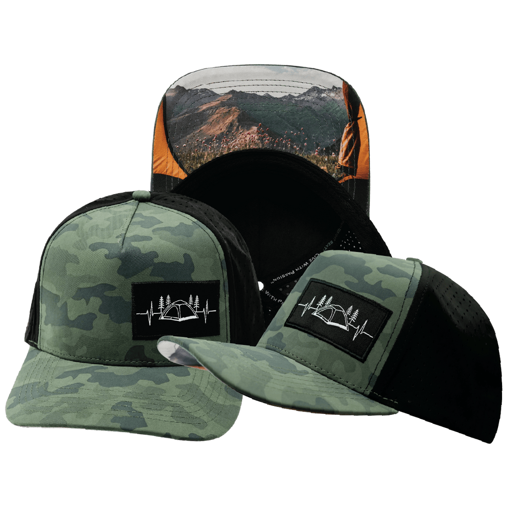 The Heartbeat Brand Camping Hat - Trucker Hat - Soft Teal Camo / Black - Laser Mesh — main product shot