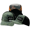 The Heartbeat Brand Camping Hat - Trucker Hat - Soft Teal Camo / Black - Laser Mesh — main product shot
