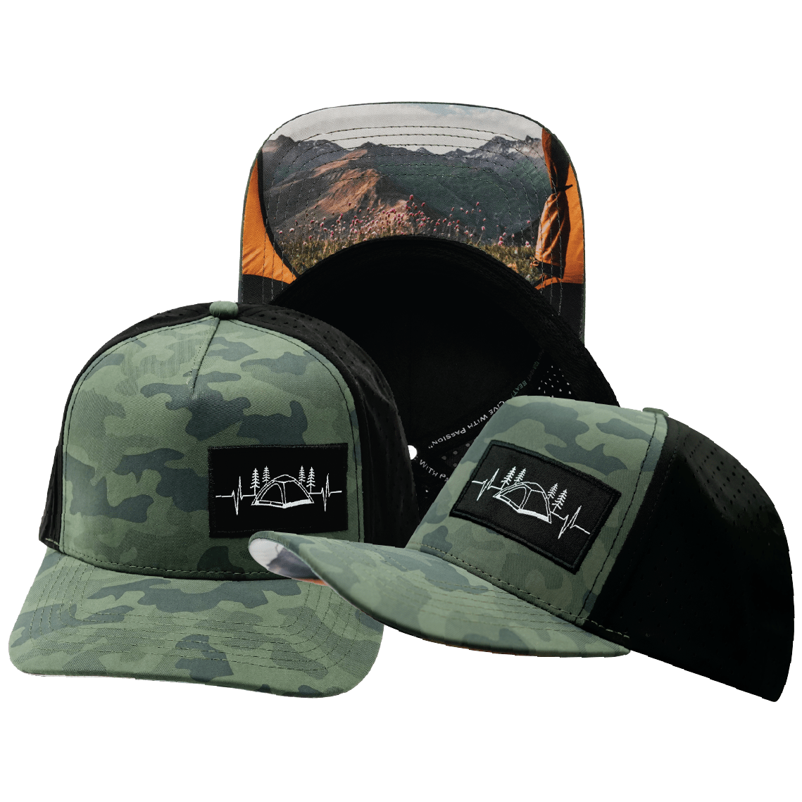 The Heartbeat Brand Camping Hat - Trucker Hat - Soft Teal Camo / Black - Laser Mesh — main product shot