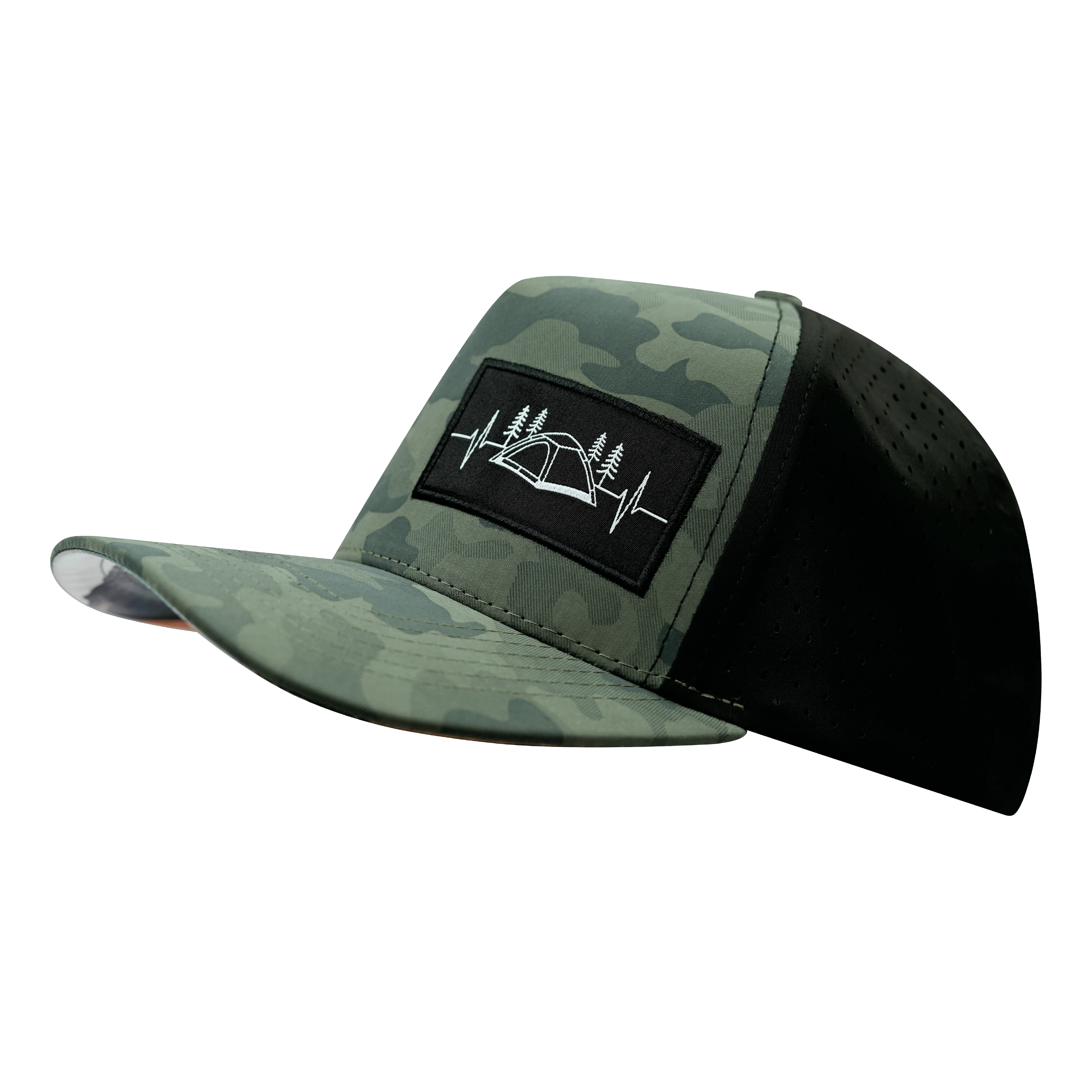 The Heartbeat Brand Camping Hat - Trucker Hat - Soft Teal Camo / Black - Laser Mesh — lifestyle context