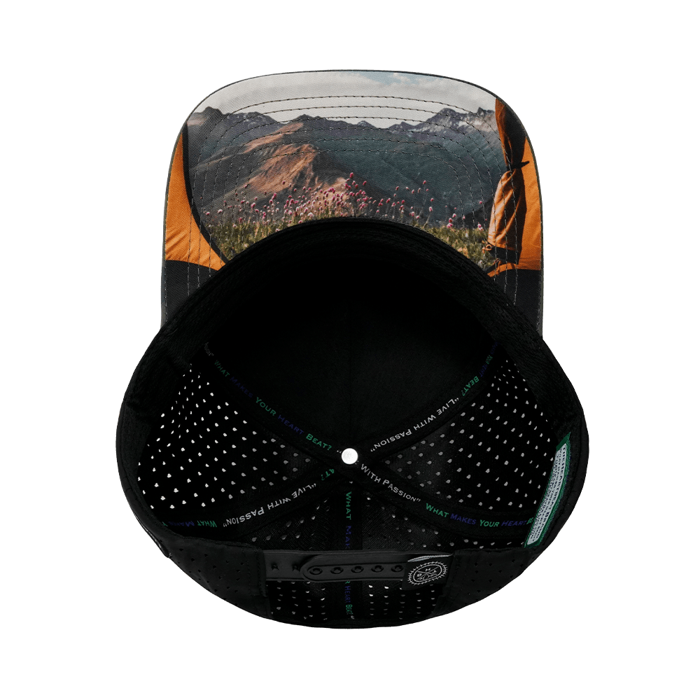 The Heartbeat Brand Camping Hat - Trucker Hat - Soft Teal Camo / Black - Laser Mesh — back view