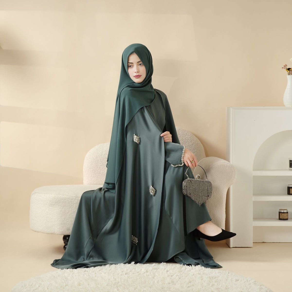 Mariam's Collection Cape Abaya, Haute Couture Heavy Rhinestone Abaya (MOA067) — construction detail