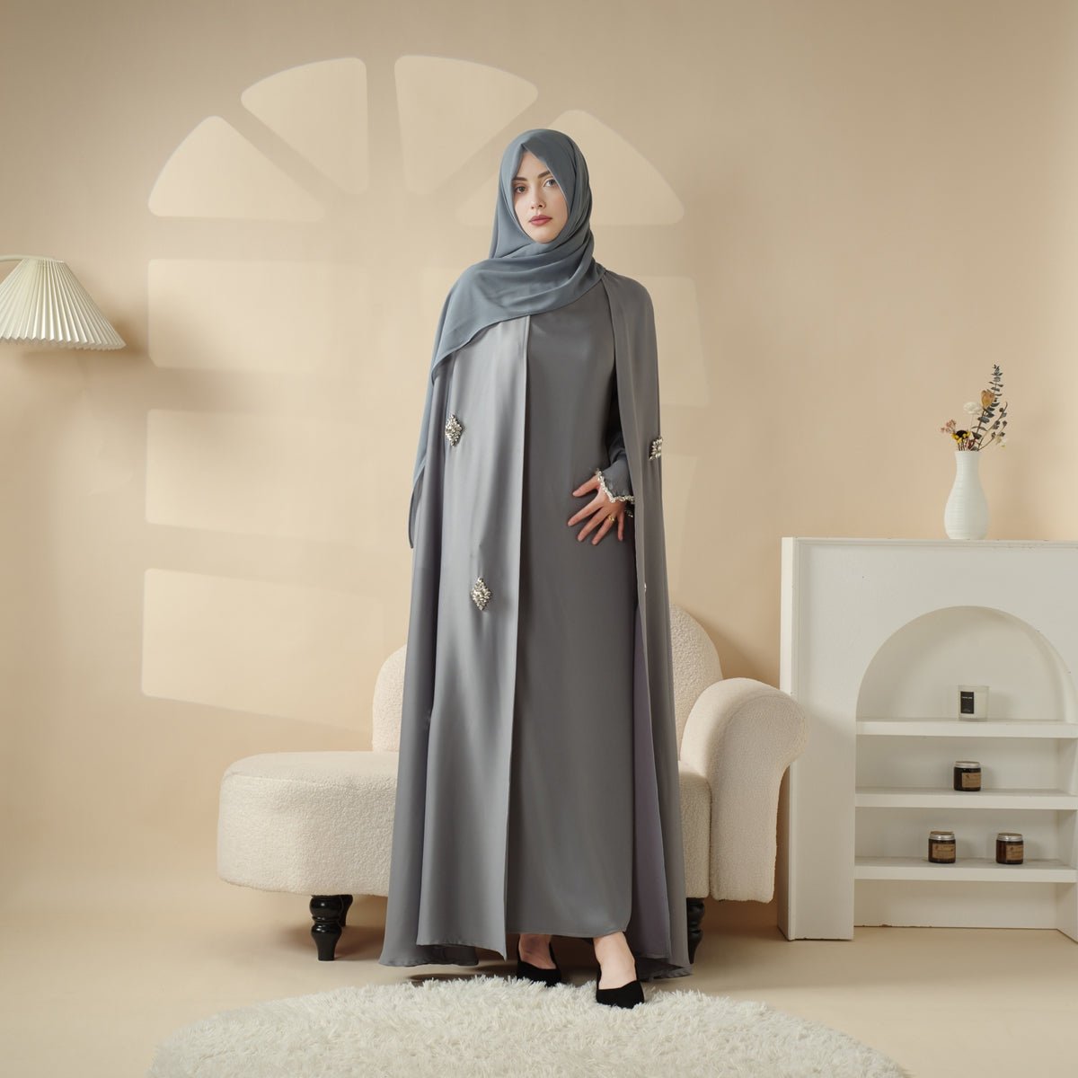 Mariam's Collection Cape Abaya, Haute Couture Heavy Rhinestone Abaya (MOA067) — fabric or material detail