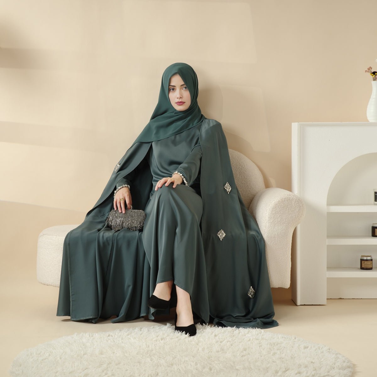 Mariam's Collection Cape Abaya, Haute Couture Heavy Rhinestone Abaya (MOA067) — detail close-up