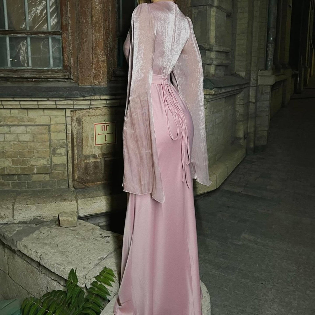 Cape Sleeve Gown with Tie-Back | Fitted Mermaid Maxi Dress(MS230)