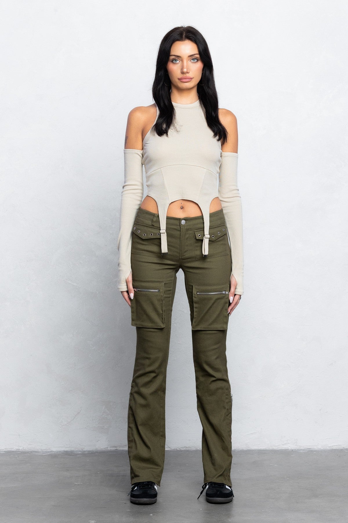 Cargo Twill Bootcut Pants | Low Waist Zipper Detail Trendy Streetwear