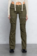 Cargo Twill Bootcut Pants | Low Waist Zipper Detail Trendy Streetwear