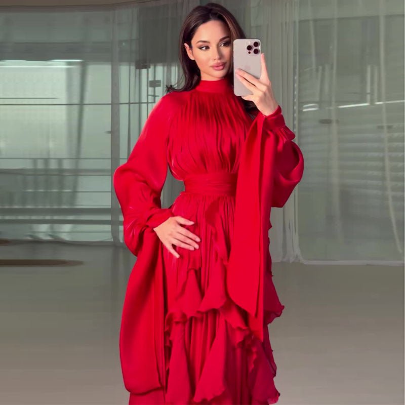Cascading Ruffle Gown | High Neck Tie-Waist Maxi Dress(MS231)