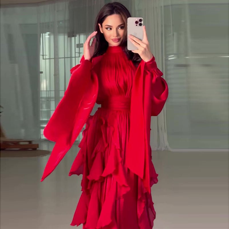 Cascading Ruffle Gown | High Neck Tie-Waist Maxi Dress(MS231)
