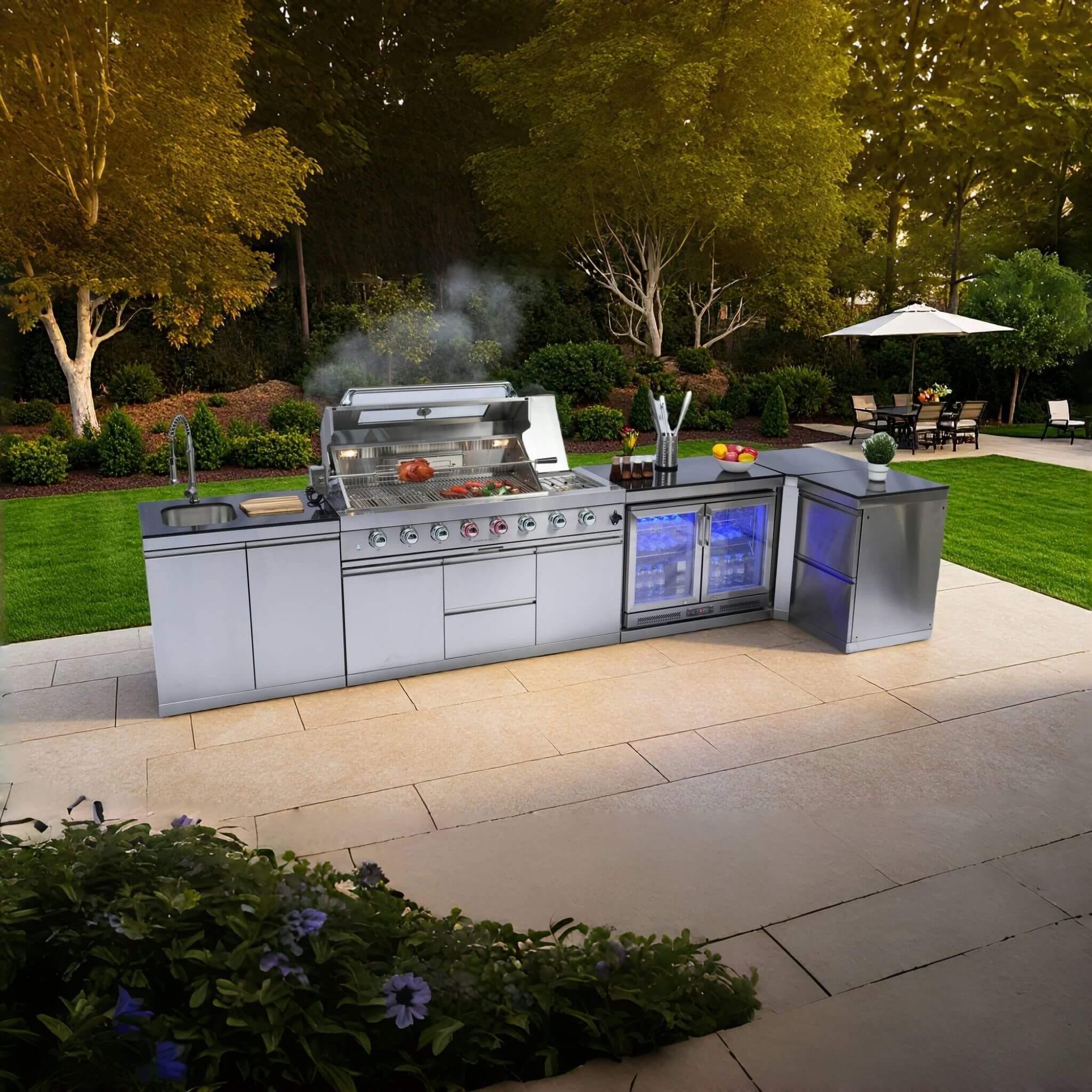 Castelle Flame Montclair 58-Inch 6-Burner 96K BTU Gas Outdoor Liquid Propane Grill Island With Wine Cooler And Rotisserie (SA