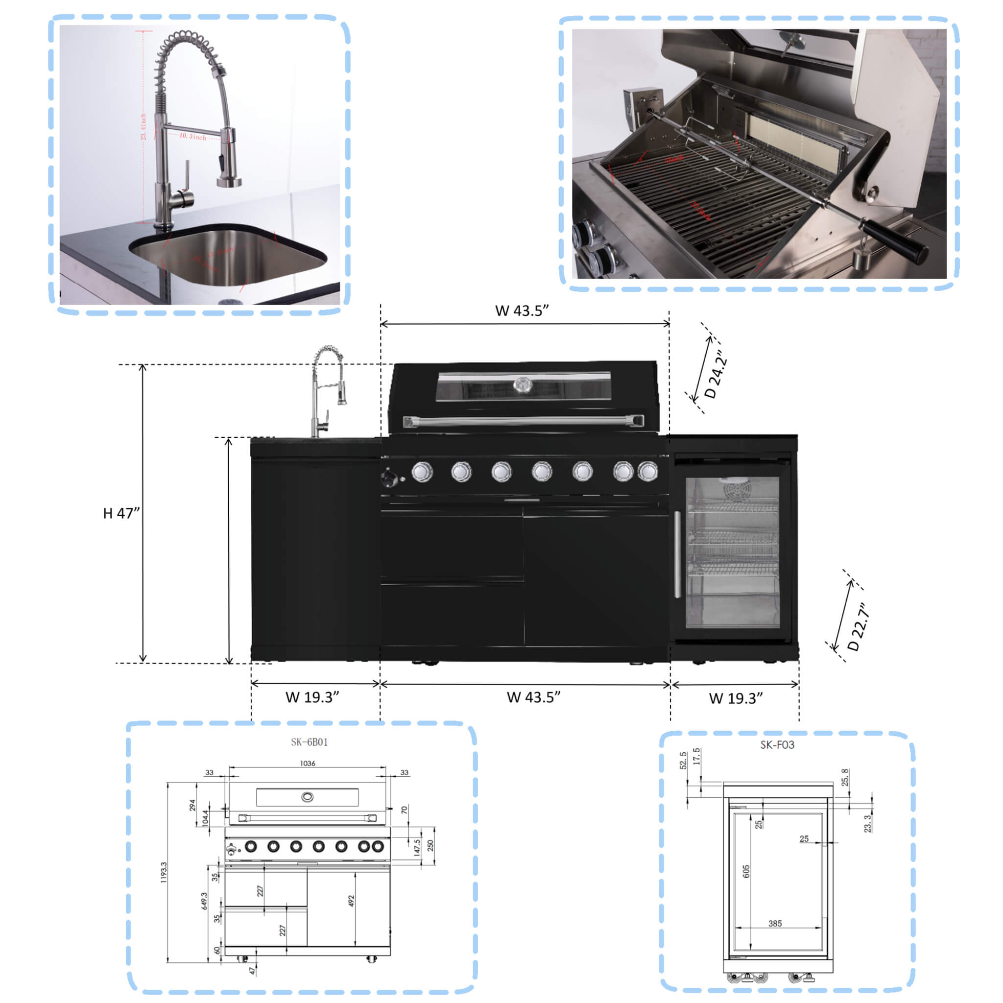 Castelle Flame Avalon 43-Inch 6-Burner 85K BTU Outdoor BBQ Kitchen Grill Island With Wine Fridge, Rotisserie Kit, And Sink (S