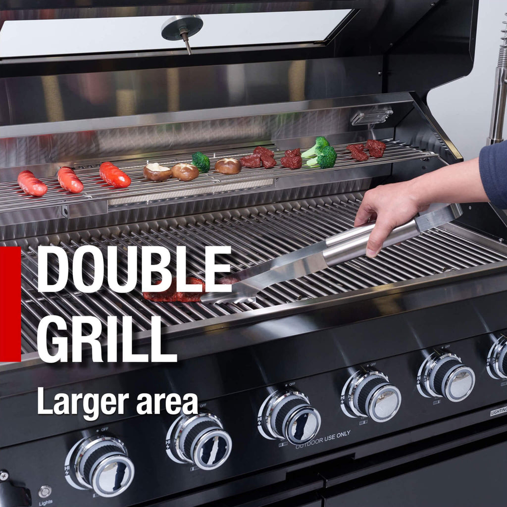 Castelle Flame Avalon 43-Inch 6-Burner 85K BTU Outdoor BBQ Kitchen Grill Island With Wine Fridge, Rotisserie Kit, And Sink (S