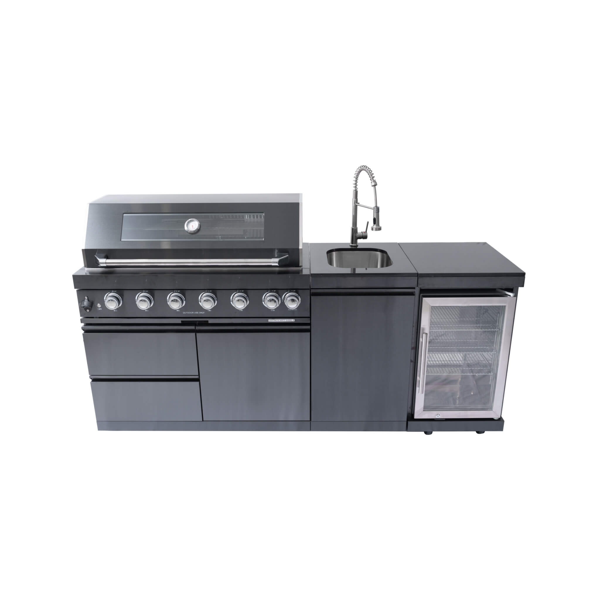 Castelle Flame Avalon 43-Inch 6-Burner 85K BTU Outdoor BBQ Kitchen Grill Island With Wine Fridge, Rotisserie Kit, And Sink (S
