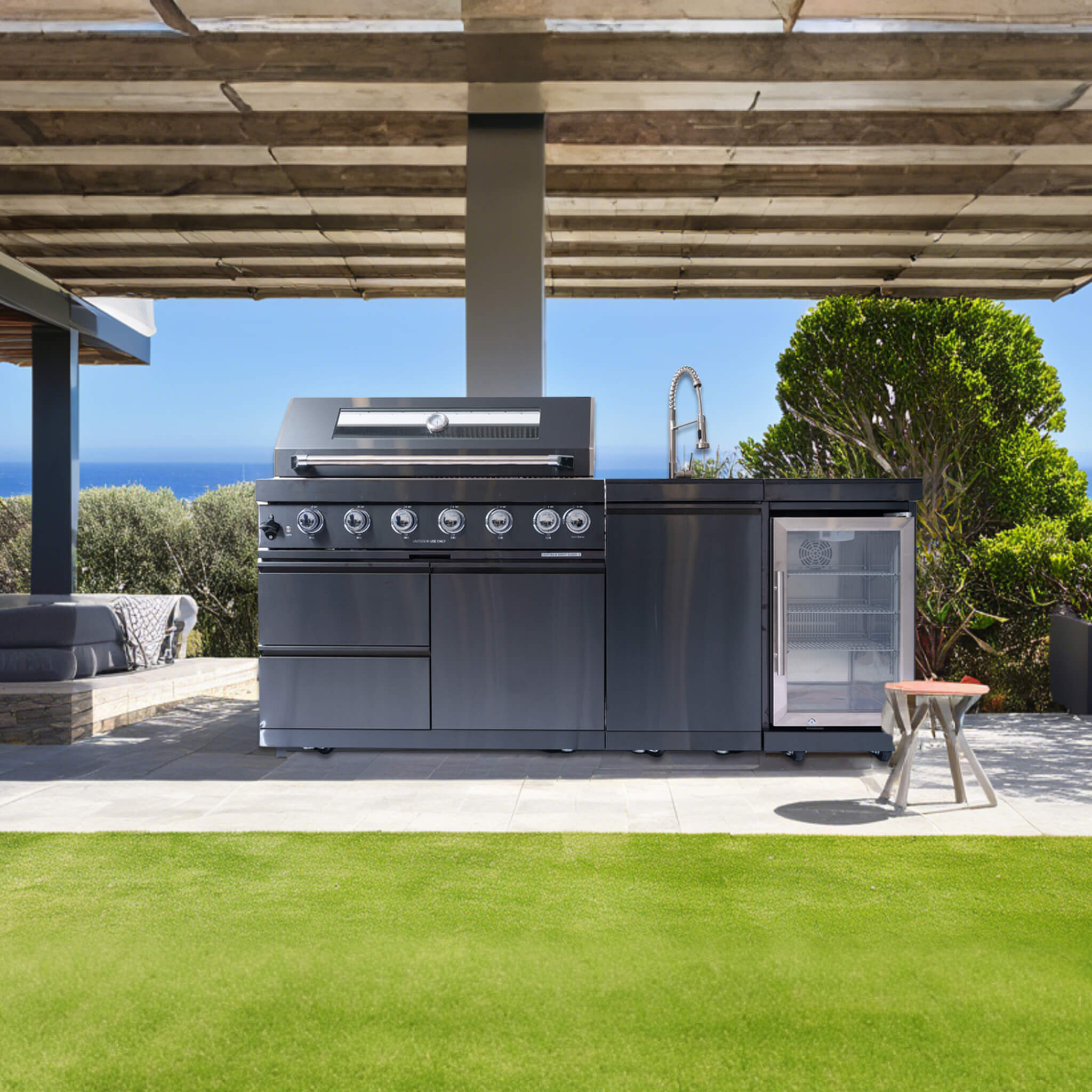 Castelle Flame Avalon 43-Inch 6-Burner 85K BTU Outdoor BBQ Kitchen Grill Island With Wine Fridge, Rotisserie Kit, And Sink (S