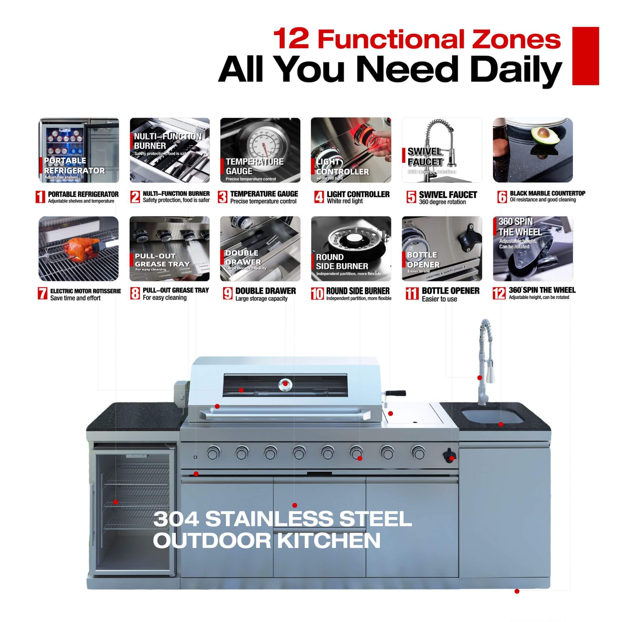 Castelle Flame Capri 96-Inch 6-Burner 85000 BTU Outdoor Kitchen Liquid Propane Grill Island With Fridge (SAK42895) – SAKSBY W