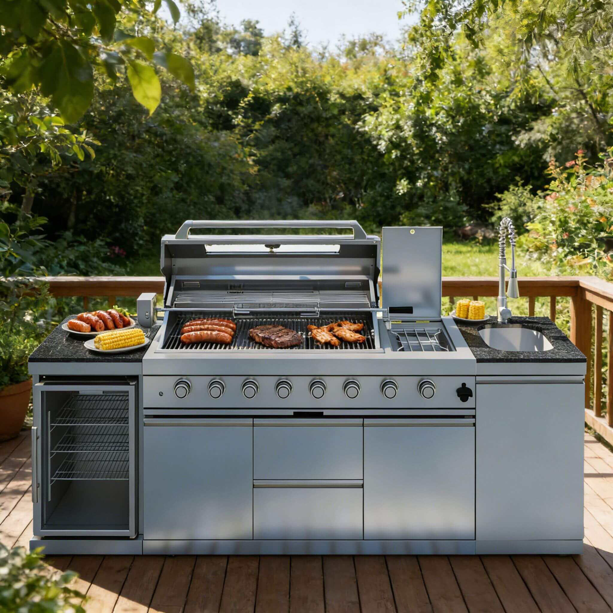 Castelle Flame Capri 96-Inch 6-Burner 85000 BTU Outdoor Kitchen Liquid Propane Grill Island With Fridge (SAK42895) – SAKSBY W
