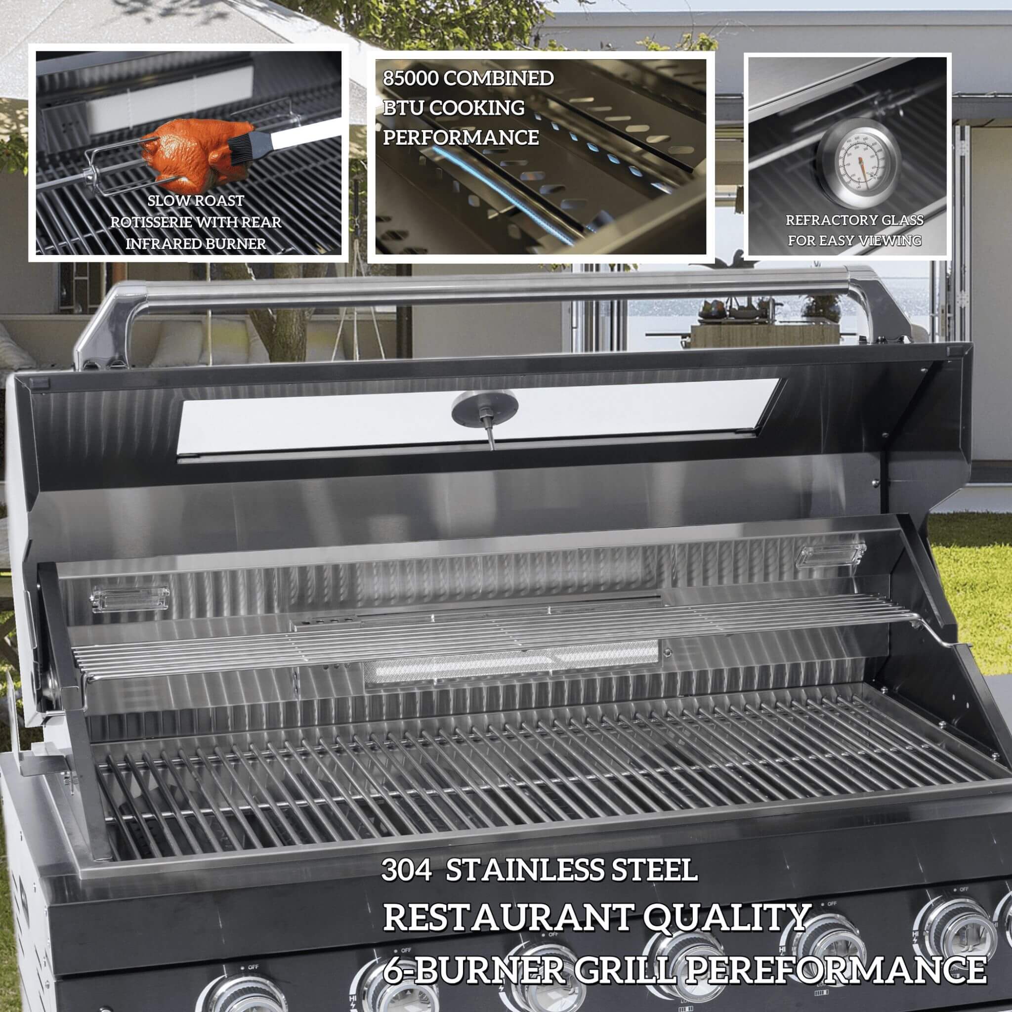Castelle Flame Capri 96-Inch 6-Burner 85000 BTU Outdoor Kitchen Liquid Propane Grill Island With Fridge (SAK42895) – SAKSBY W