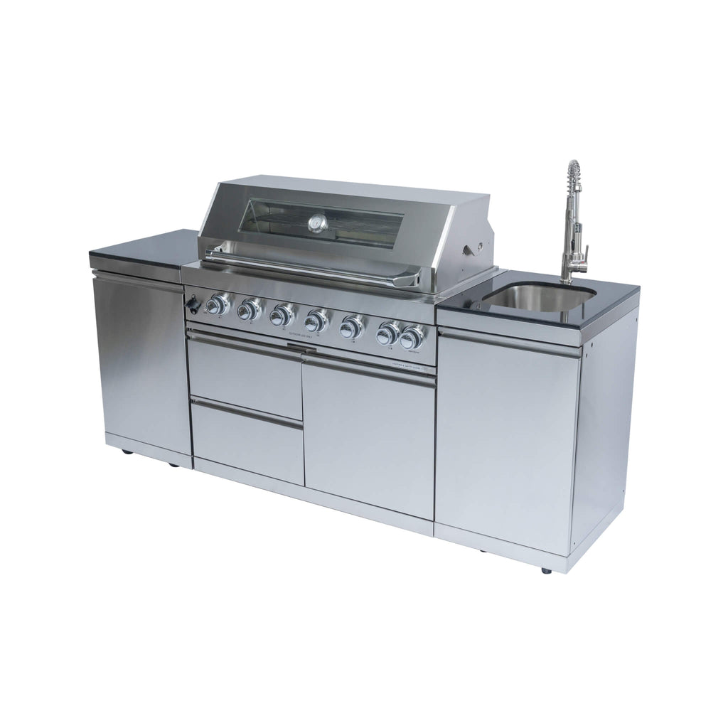 Castelle Flame Valmont 43-Inch 6-Burner 85K BTU Outdoor BBQ Kitchen Grill Island With Granite Countertops, Rotisserie Kit, Ca