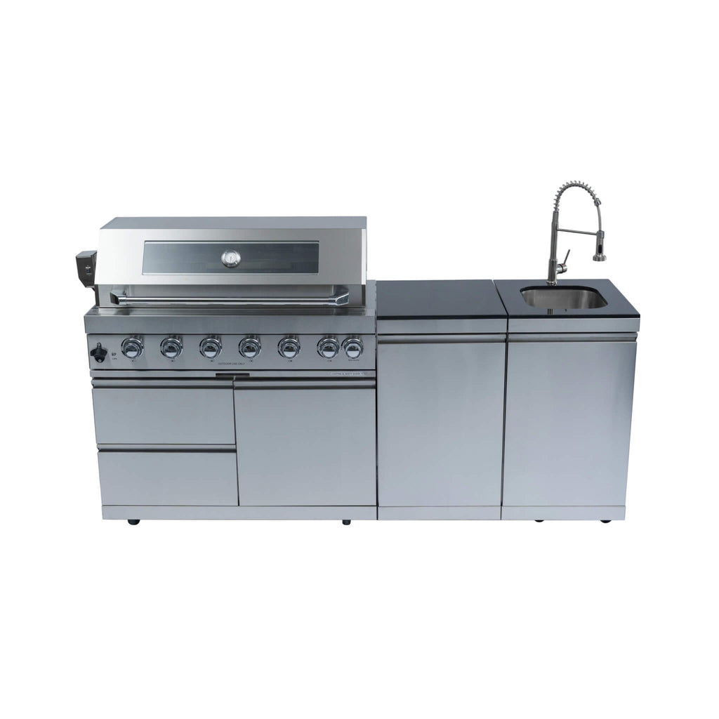 Castelle Flame Valmont 43-Inch 6-Burner 85K BTU Outdoor BBQ Kitchen Grill Island With Granite Countertops, Rotisserie Kit, Ca