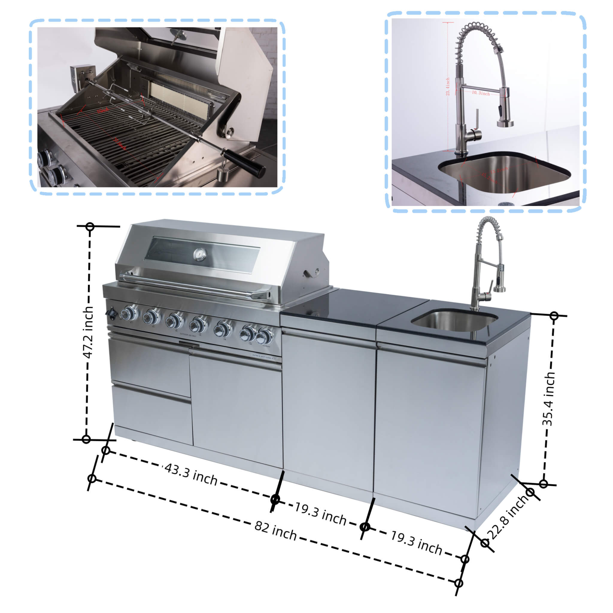 Castelle Flame Valmont 43-Inch 6-Burner 85K BTU Outdoor BBQ Kitchen Grill Island With Granite Countertops, Rotisserie Kit, Ca