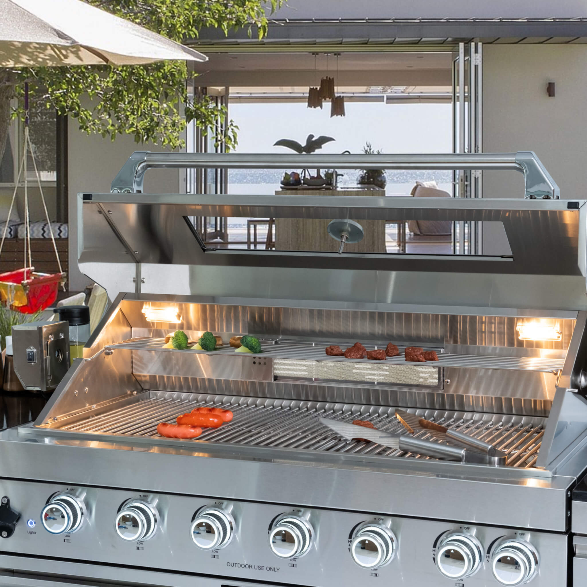 Castelle Flame Valmont 43-Inch 6-Burner 85K BTU Outdoor BBQ Kitchen Grill Island With Granite Countertops, Rotisserie Kit, Ca