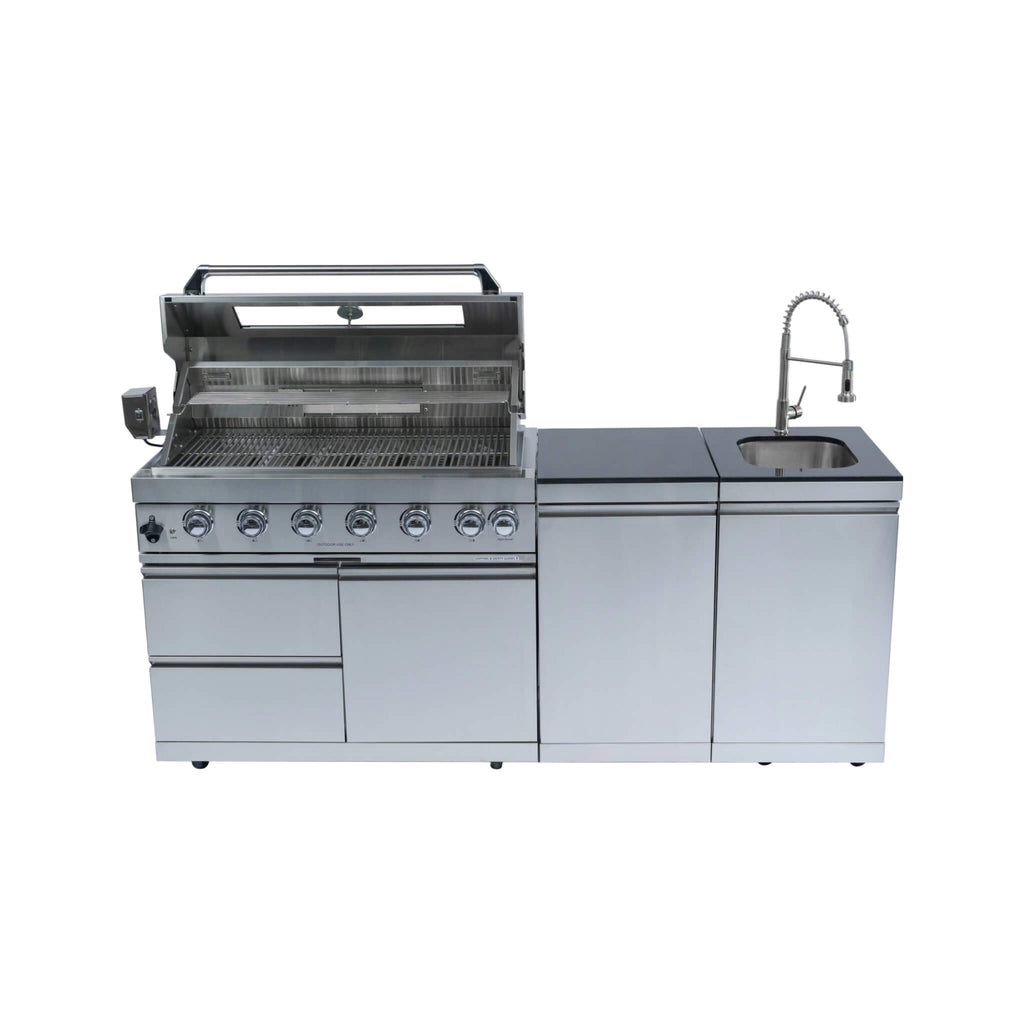 Castelle Flame Valmont 43-Inch 6-Burner 85K BTU Outdoor BBQ Kitchen Grill Island With Granite Countertops, Rotisserie Kit, Ca