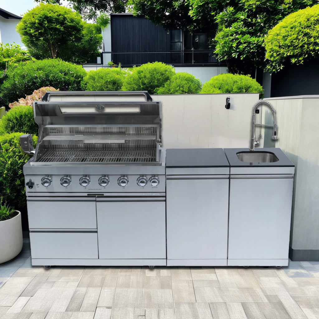 Castelle Flame Valmont 43-Inch 6-Burner 85K BTU Outdoor BBQ Kitchen Grill Island With Granite Countertops, Rotisserie Kit, Ca