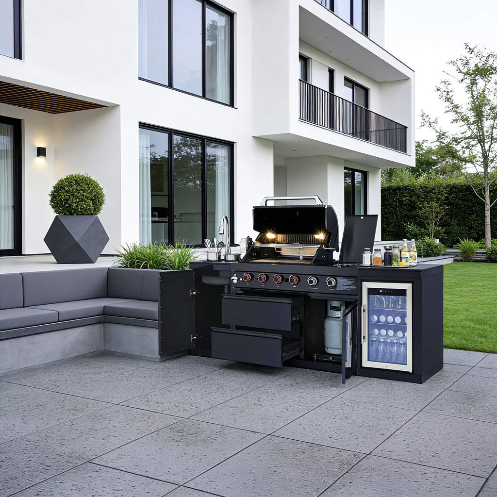 Castelle Flame Monarch 4-Burner 72000 BTU Liquid Propane Grill Island With Fridge And Sink (SAK68127) – SAKSBY WHOLESALE, vie