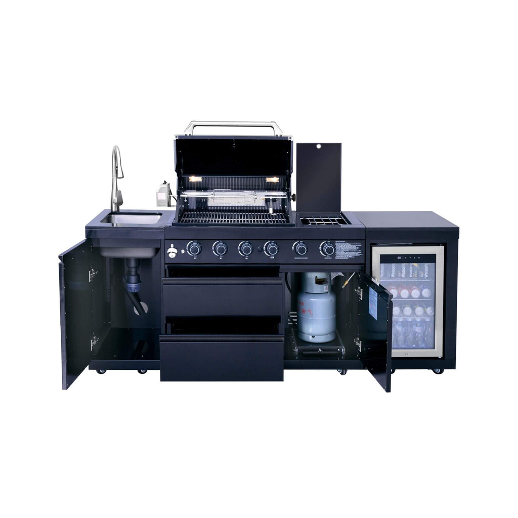 Castelle Flame Monarch 4-Burner 72000 BTU Liquid Propane Grill Island With Fridge And Sink (SAK68127) – SAKSBY WHOLESALE, vie