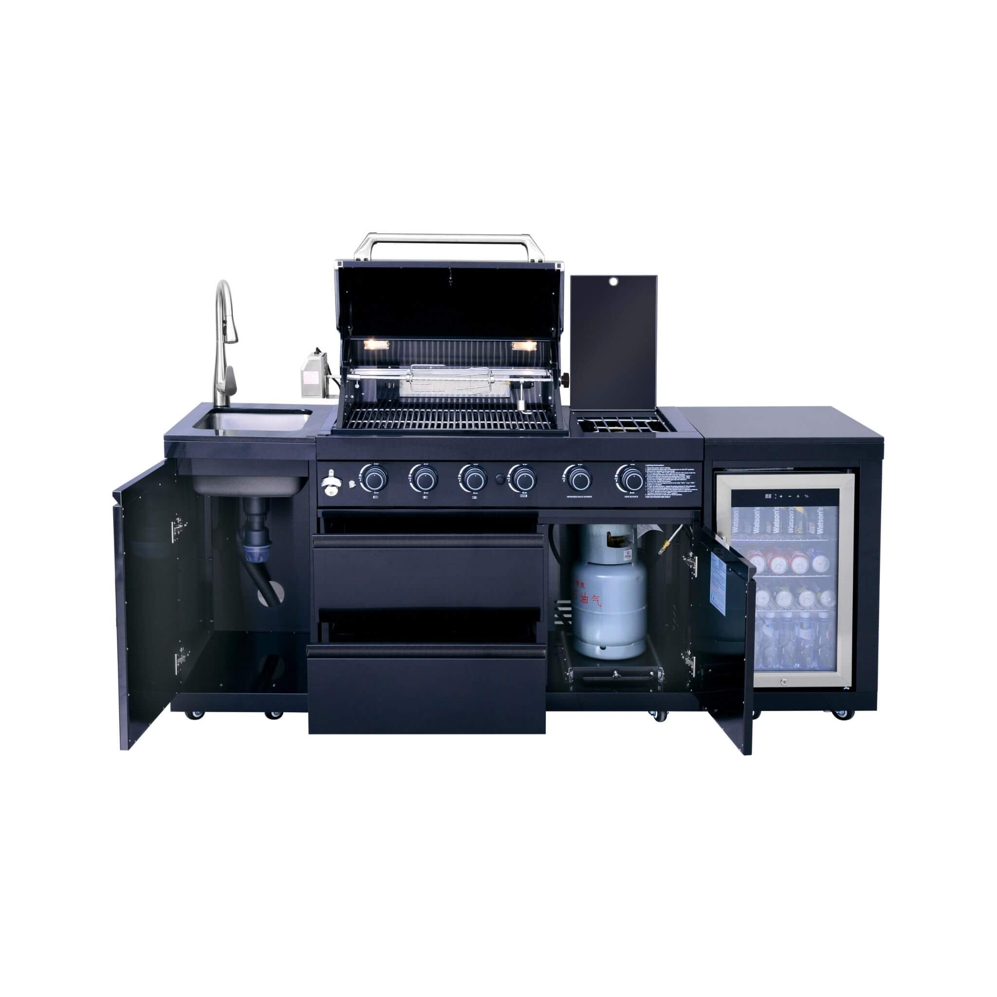 Castelle Flame Monarch 4-Burner 72000 BTU Liquid Propane Grill Island With Fridge And Sink (SAK68127) – SAKSBY WHOLESALE, vie