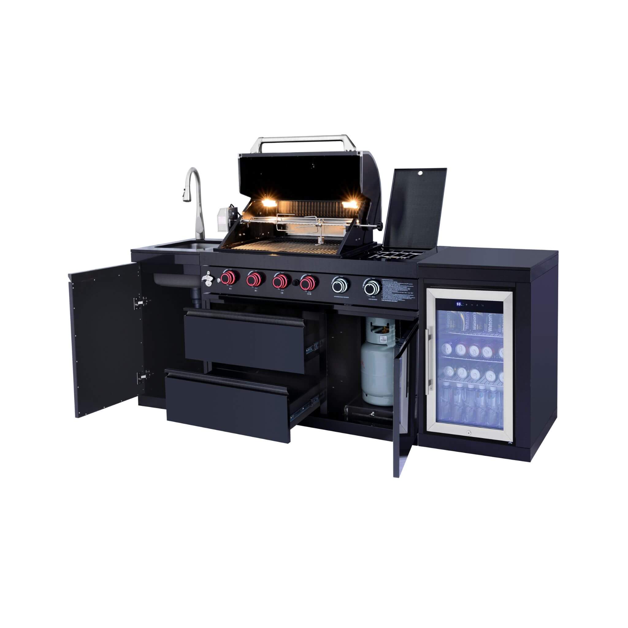 Castelle Flame Monarch 4-Burner 72000 BTU Liquid Propane Grill Island With Fridge And Sink (SAK68127) – SAKSBY WHOLESALE, vie