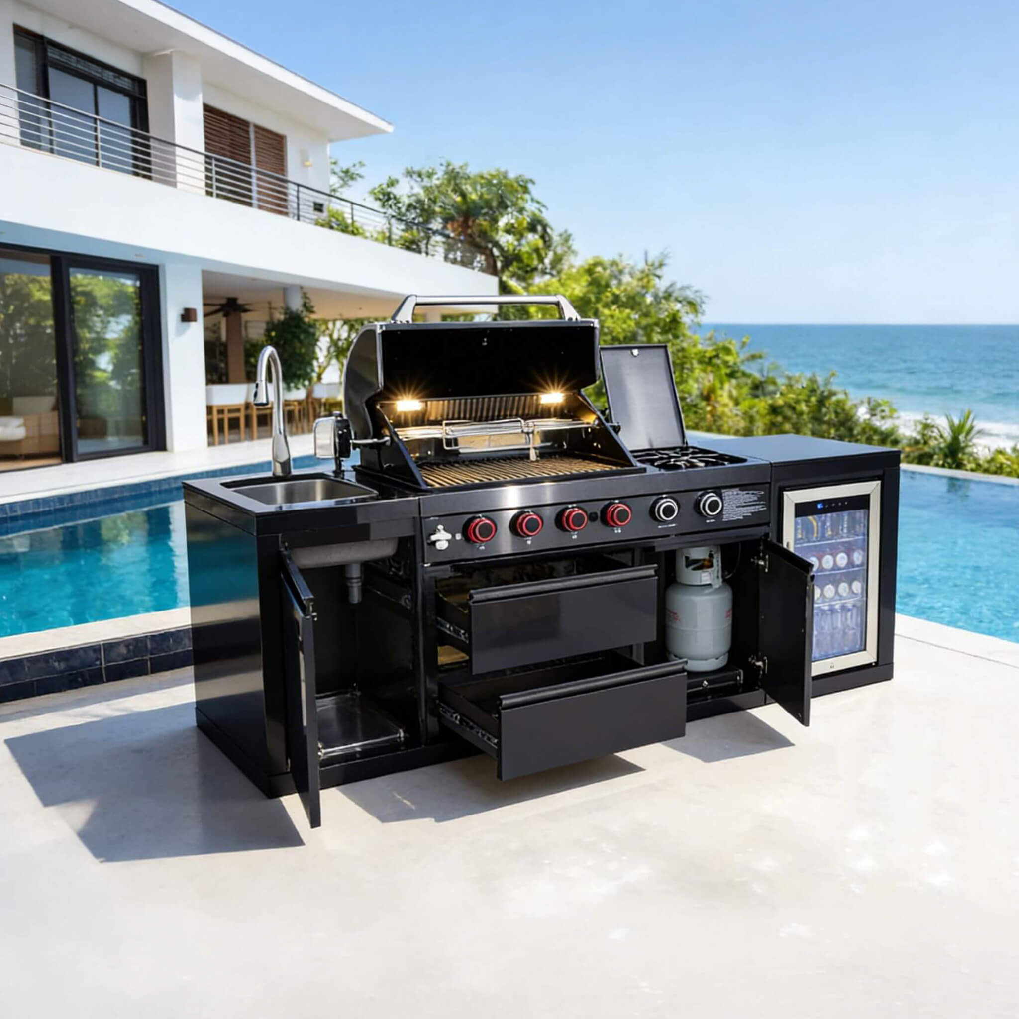 Castelle Flame Monarch 4-Burner 72000 BTU Liquid Propane Grill Island With Fridge And Sink (SAK68127) – SAKSBY WHOLESALE, vie