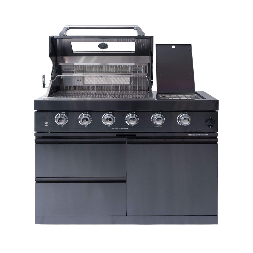 Castelle Flame Ember Premium Black Stainless Steel 4-Burner Liquid Propane Kitchen Grill Island With Rotisserie Kit (SAK48157