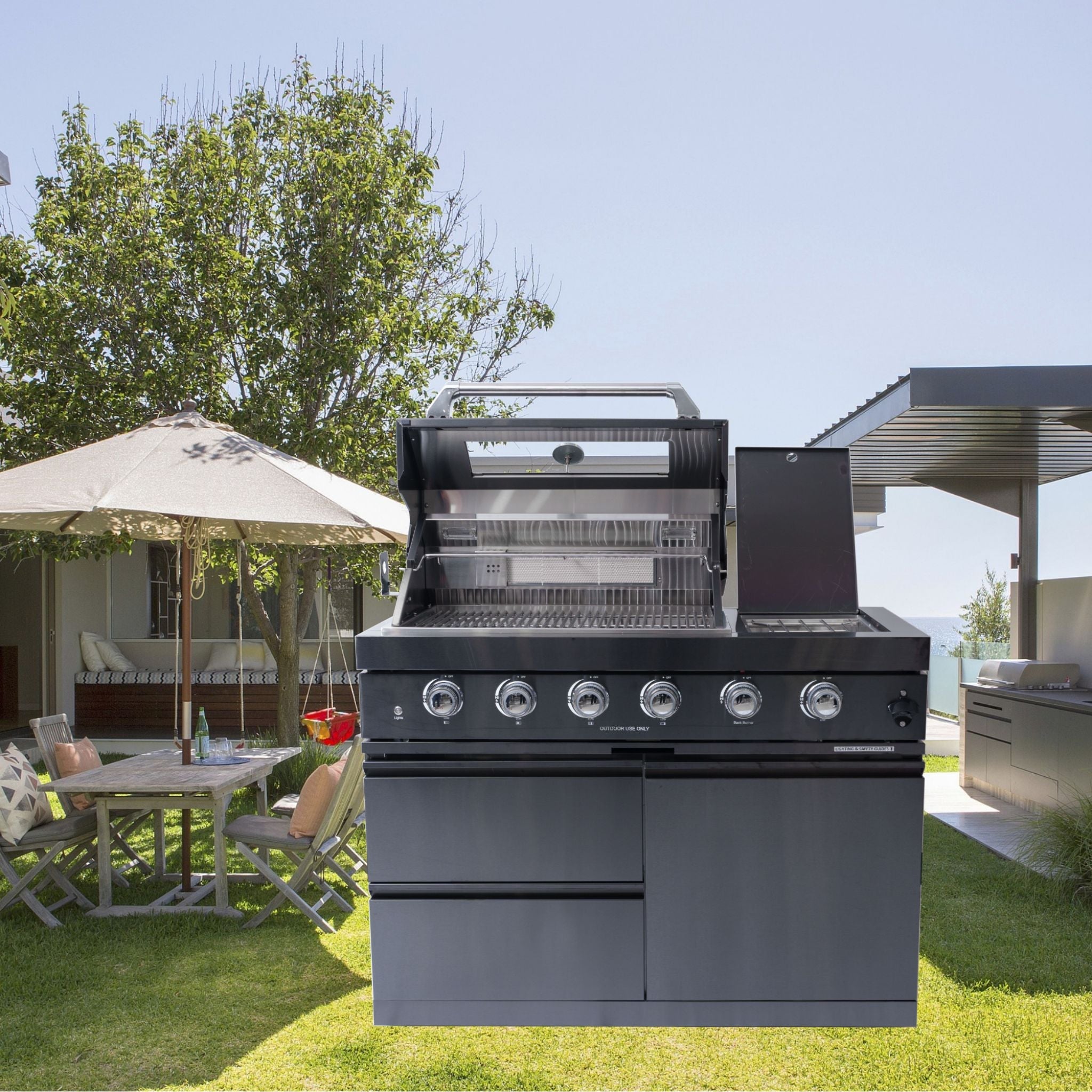 Castelle Flame Ember Premium Black Stainless Steel 4-Burner Liquid Propane Kitchen Grill Island With Rotisserie Kit (SAK48157
