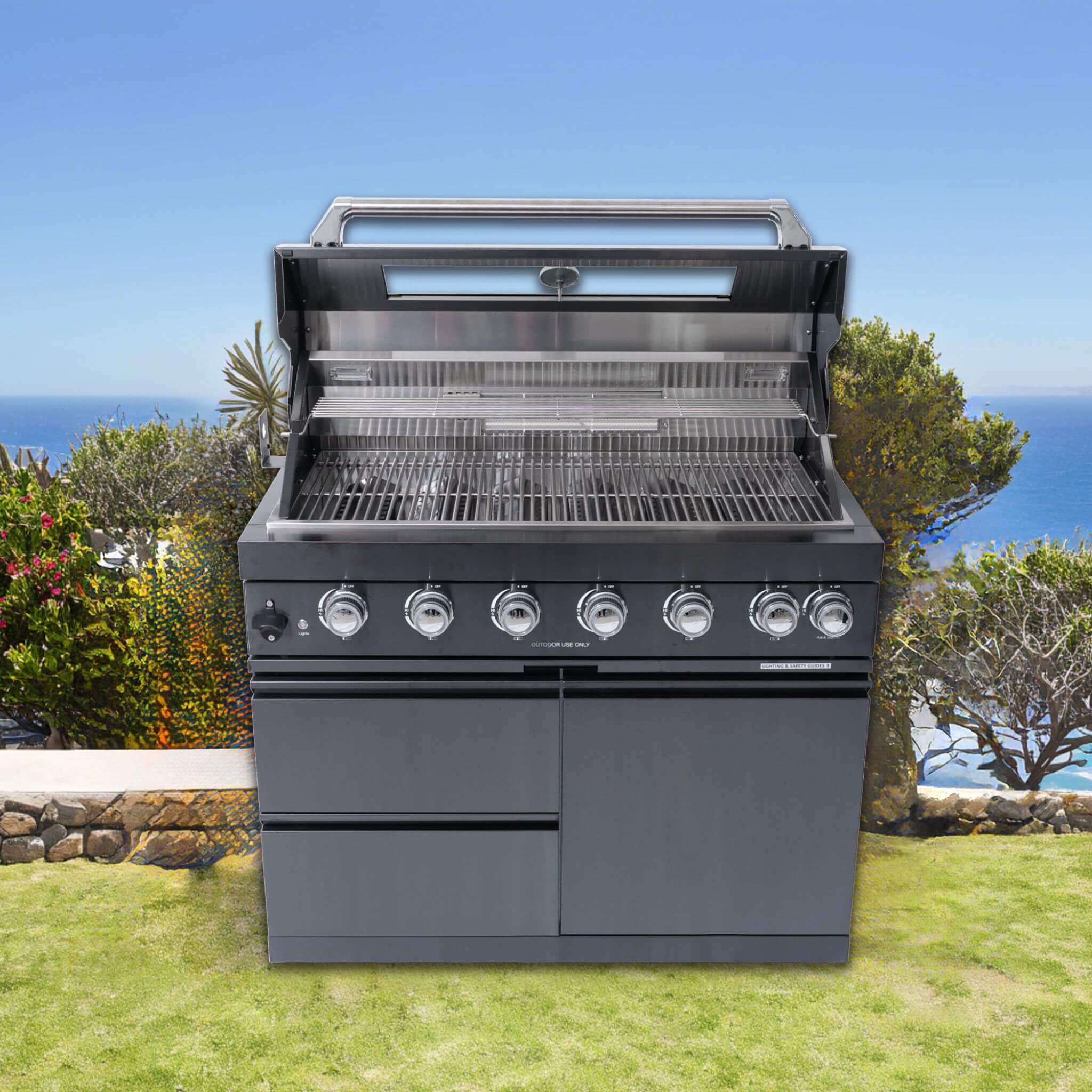 Castelle Flame Inferno Premium Black Stainless Steel 6-Burner Liquid Propane Kitchen Grill Island With Rotisserie Kit (SAK826