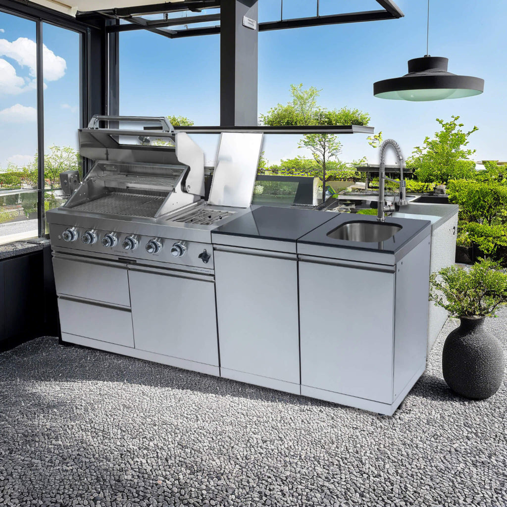 Castelle Flame Aurelia 46-Inch 4-Burner 72K BTU Stainless Steel Outdoor BBQ Kitchen Grill Island With 46-Inch 4-Burner 85K BT