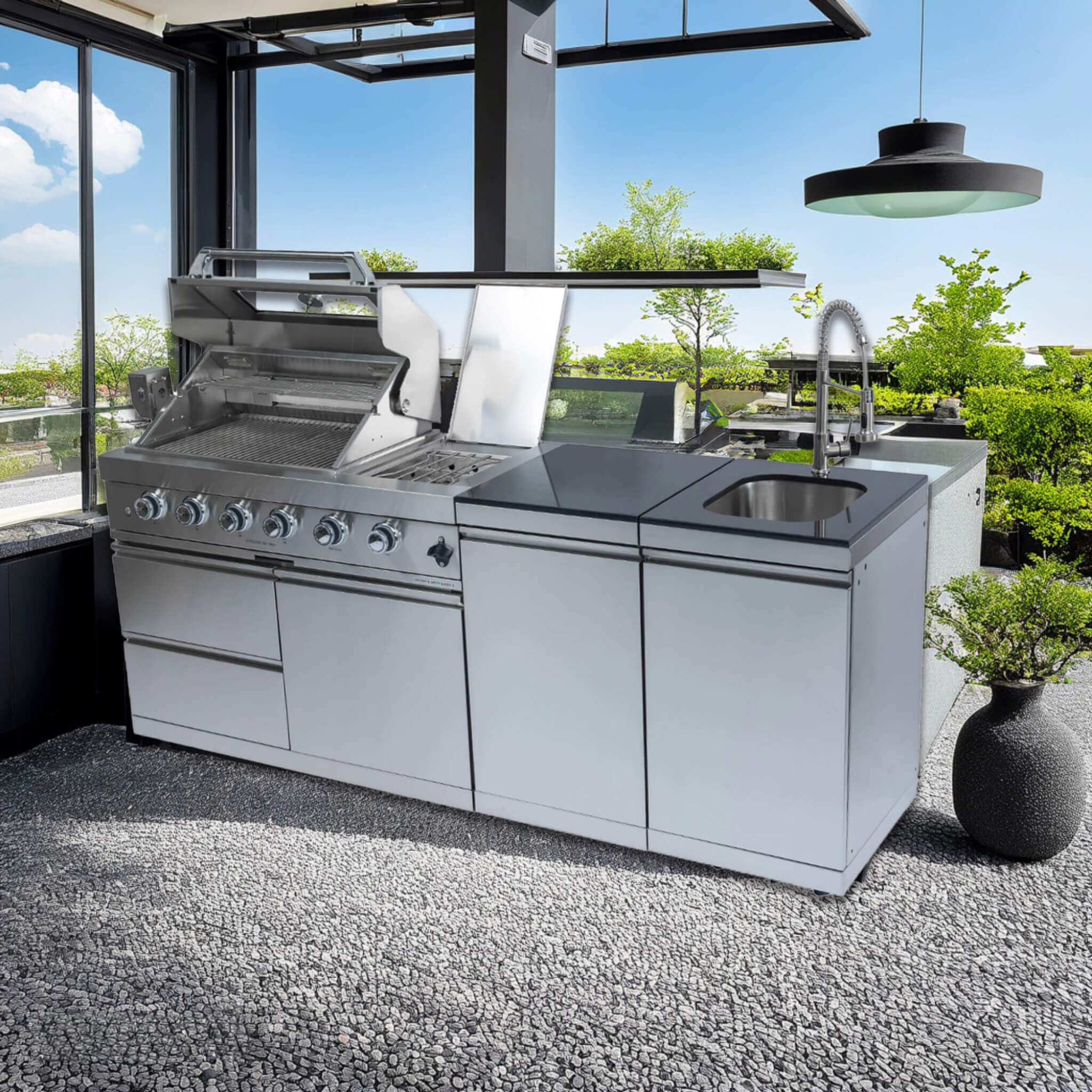 Castelle Flame Aurelia 46-Inch 4-Burner 72K BTU Stainless Steel Outdoor BBQ Kitchen Grill Island With 46-Inch 4-Burner 85K BT