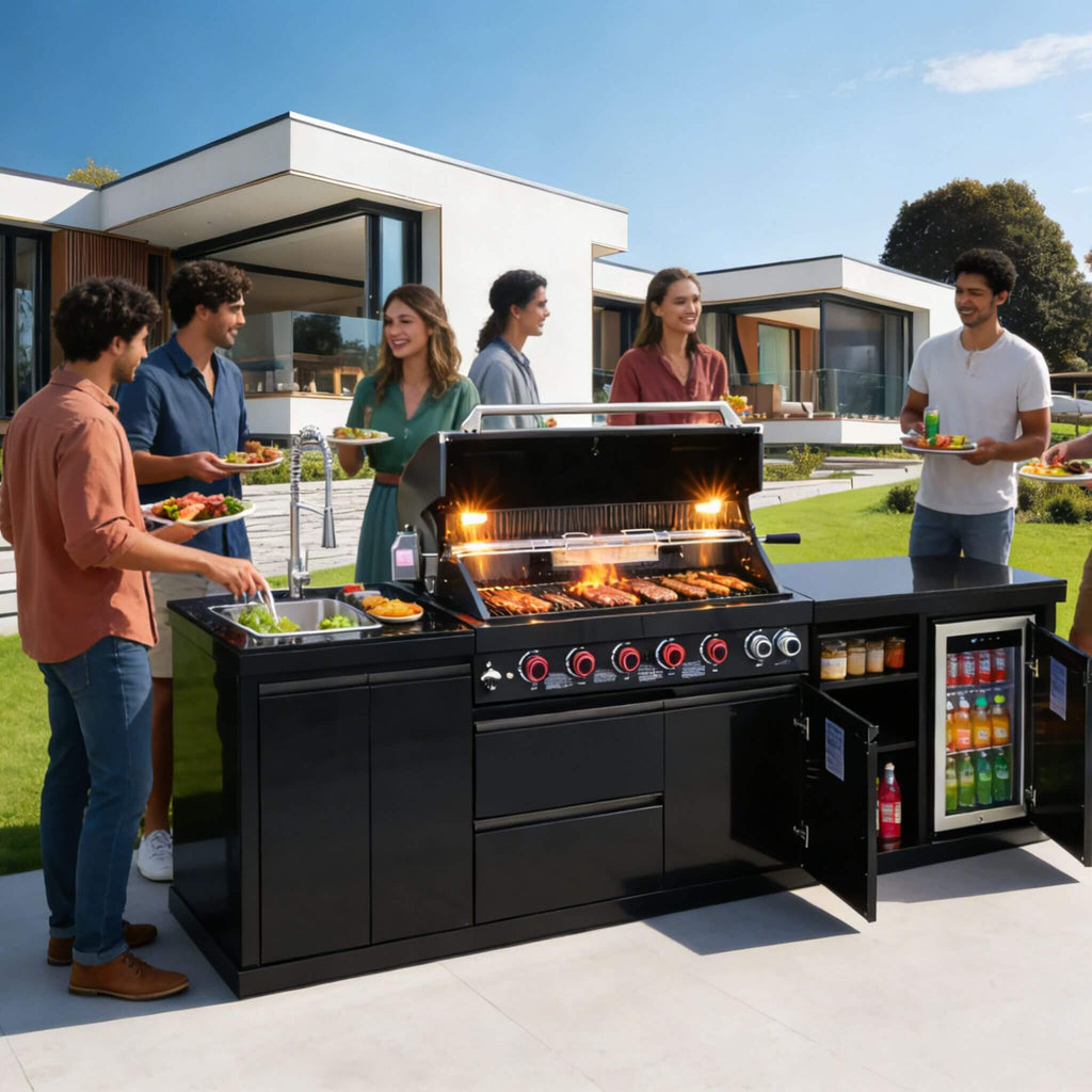 Castelle Flame Summit 6-Burner 85000 BTU Liquid Propane Grill Island With Sink And Fridge (SAK59238) – SAKSBY WHOLESALE, view